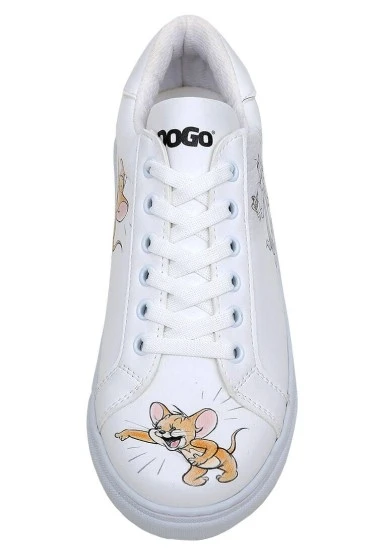 Kadın Vegan Deri Beyaz Sneakers - Warner Bros Tom ve Jerry Up to No Good Tasarım - 
