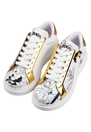 Dogo - Kadın Vegan Deri Beyaz Sneakers - Warner Bros Bugs Bunny Looney Tunes Chasing Tunes Tasarım (1)