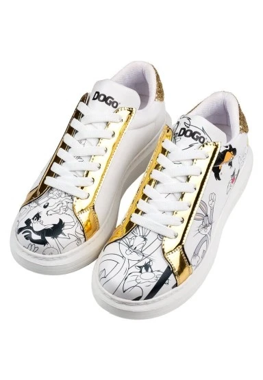Kadın Vegan Deri Beyaz Sneakers - Warner Bros Bugs Bunny Looney Tunes Chasing Tunes Tasarım - 
