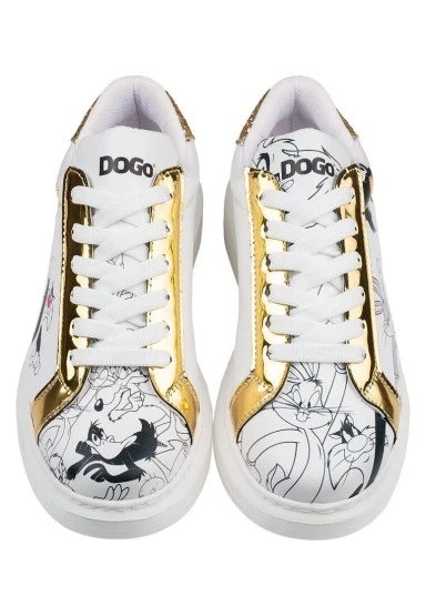 Kadın Vegan Deri Beyaz Sneakers - Warner Bros Bugs Bunny Looney Tunes Chasing Tunes Tasarım - 