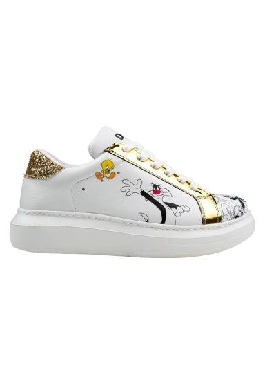Kadın Vegan Deri Beyaz Sneakers - Warner Bros Bugs Bunny Looney Tunes Chasing Tunes Tasarım - 