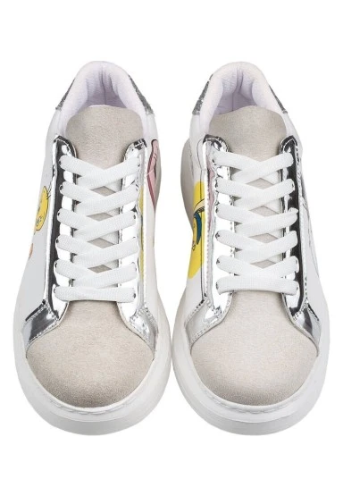 Kadın Vegan Deri Beyaz Sneakers - Warner Bros Tweety Sylvester Puddy Tat Tasarım - 