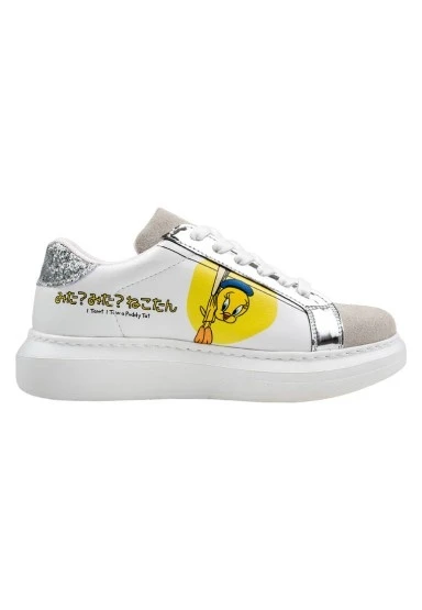 Kadın Vegan Deri Beyaz Sneakers - Warner Bros Tweety Sylvester Puddy Tat Tasarım - 
