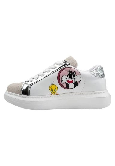 Kadın Vegan Deri Beyaz Sneakers - Warner Bros Tweety Sylvester Puddy Tat Tasarım - 