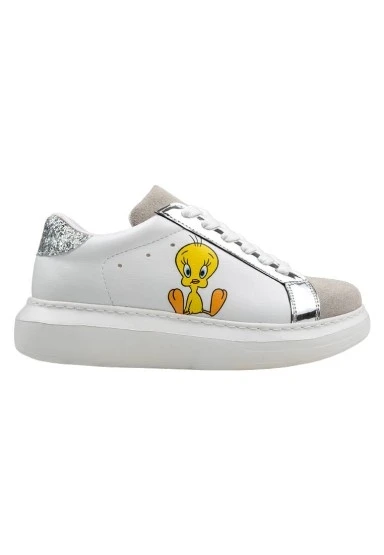 Kadın Vegan Deri Beyaz Sneakers - Warner Bros Tweety Sylvester Puddy Tat Tasarım - 