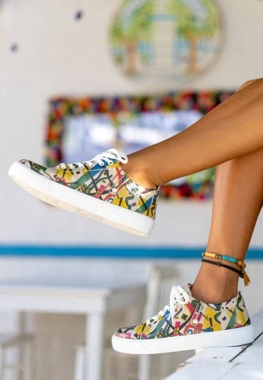 Kadın Vegan Deri Çok Renkli Sneakers - Beauty in Chaos Tasarım - 