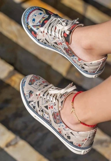 Kadın Vegan Deri Çok Renkli Sneakers - Queen of Meows Tasarım - 