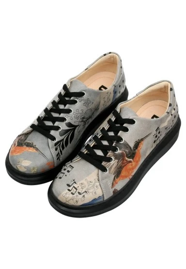 Kadın Vegan Deri Gri Sneakers - Birds Chirping Tasarım - 