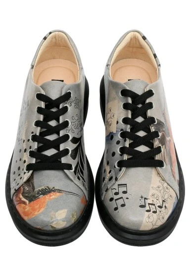Kadın Vegan Deri Gri Sneakers - Birds Chirping Tasarım - 