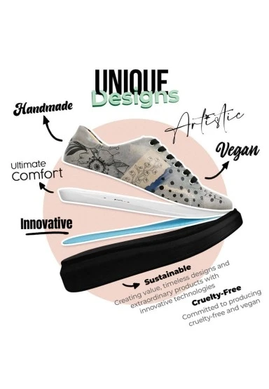 Kadın Vegan Deri Gri Sneakers - Birds Chirping Tasarım - 
