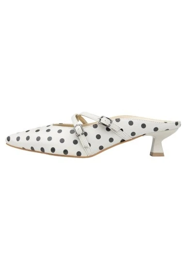 Kadın Vegan Deri Gri Topuklu Terlik - Polka Dots Tasarım - 