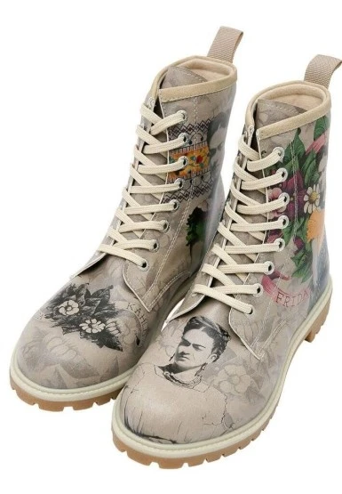 Kadın Vegan Deri Gri Uzun Bot - A Flower From The Past Frida Kahlo Tasarım - 