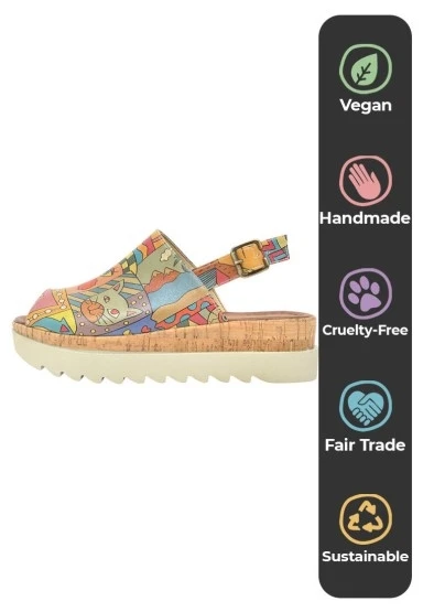 Kadın Vegan Deri Çok Renkli Kalın Taban Sandalet - Artsy Tasarım - 