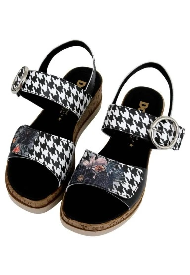 Kadın Vegan Deri Siyah Kalın Taban Sandalet - Black Majestic Garden Tasarım - 