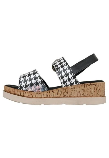Kadın Vegan Deri Siyah Kalın Taban Sandalet - Black Majestic Garden Tasarım - 
