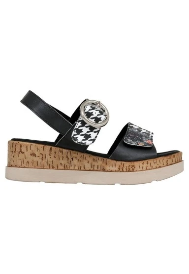 Kadın Vegan Deri Siyah Kalın Taban Sandalet - Black Majestic Garden Tasarım - 