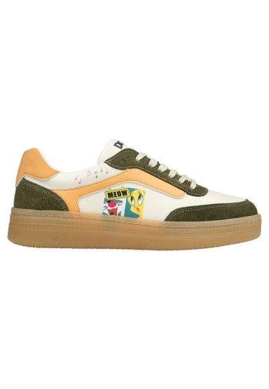 Kadın Vegan Deri Krem Sneakers - Warner Bros Looney Tunes Sylvester and Tweety Tasarım - 