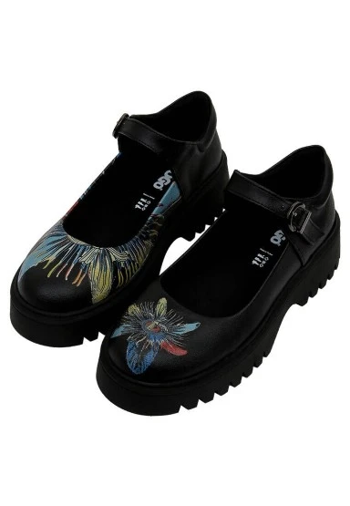 Kadın Vegan Deri Siyah Mary Jane Loafer - Passion Flower Tasarım - 