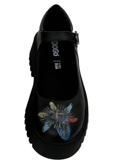 Kadın Vegan Deri Siyah Mary Jane Loafer - Passion Flower Tasarım - 