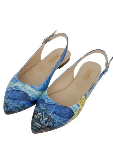 Kadın Vegan Deri Mavi Babet - Vincent Van Gogh the Starry Night Tasarım - 