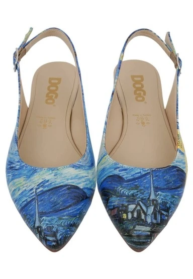 Kadın Vegan Deri Mavi Babet - Vincent Van Gogh the Starry Night Tasarım - 