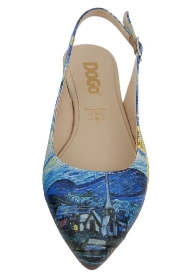 Kadın Vegan Deri Mavi Babet - Vincent Van Gogh the Starry Night Tasarım - 