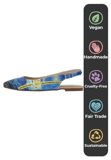 Kadın Vegan Deri Mavi Babet - Vincent Van Gogh the Starry Night Tasarım - 