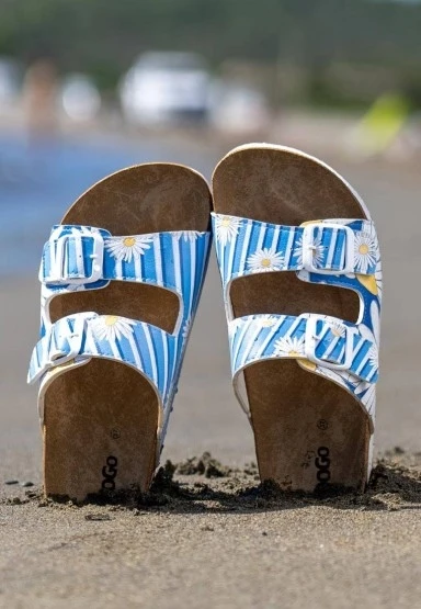 Kadın Vegan Deri Mavi Terlik - Daisy Stripes Tasarım - 