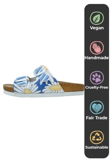 Kadın Vegan Deri Mavi Terlik - Daisy Stripes Tasarım - 