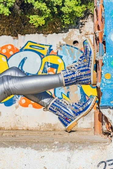 Kadın Vegan Deri Mavi Uzun Bot - Owl Gang Tasarım - 