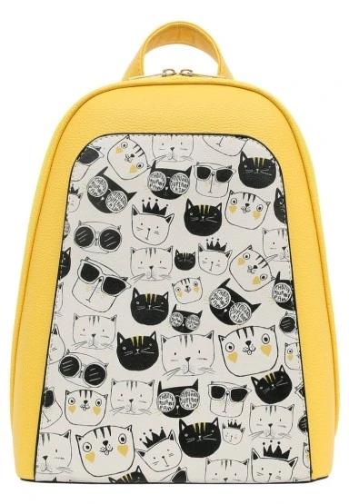 Kadın Vegan Deri Sarı Sırt Çantası - Monochrome Cats Tasarım - 