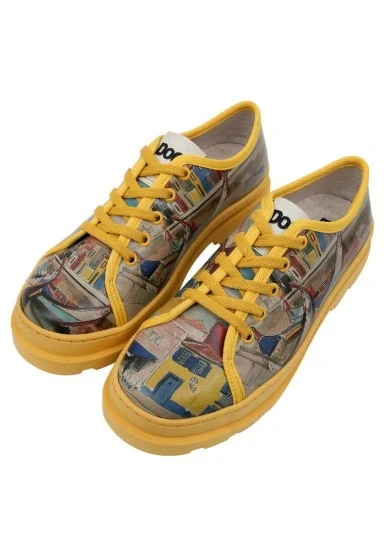 Kadın Vegan Deri Sarı Sneakers - Sunsets and Silhouettes Tasarım - 