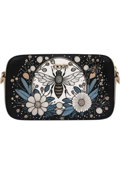 Kadın Vegan Deri Siyah El Çantası - Bee with Flowers Tasarım - 