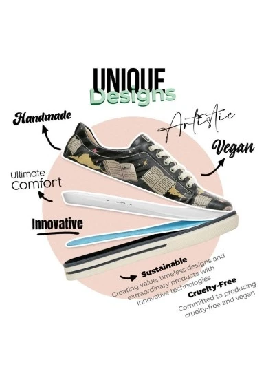 Kadın Vegan Deri Siyah Günlük Sneakers - Never Ending Story Tasarım - 