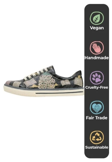Kadın Vegan Deri Siyah Günlük Sneakers - Never Ending Story Tasarım - 
