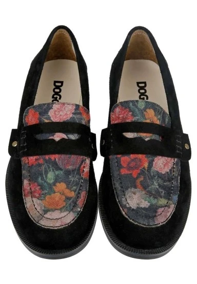 Kadın Vegan Deri Siyah Loafer - Black Floral Tasarım - 