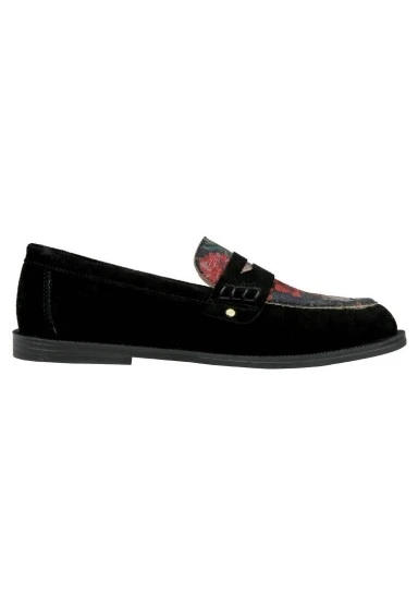 Kadın Vegan Deri Siyah Loafer - Black Floral Tasarım - 