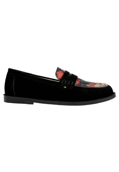 Kadın Vegan Deri Siyah Loafer - Black Floral Tasarım - 