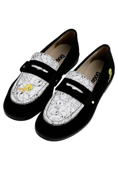 Kadın Vegan Deri Siyah Loafer - Warner Bros Looney Tunes Tweety Tasarım - 