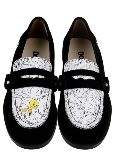 Kadın Vegan Deri Siyah Loafer - Warner Bros Looney Tunes Tweety Tasarım - 