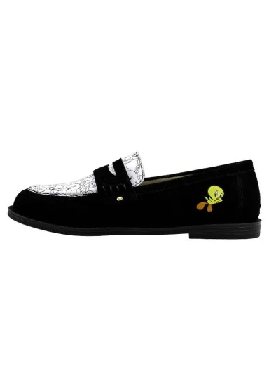 Kadın Vegan Deri Siyah Loafer - Warner Bros Looney Tunes Tweety Tasarım - 
