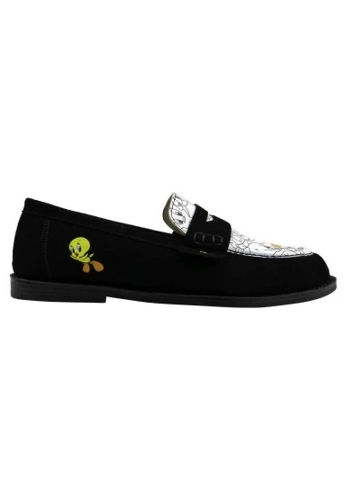 Kadın Vegan Deri Siyah Loafer - Warner Bros Looney Tunes Tweety Tasarım - 