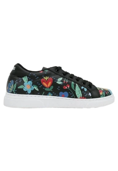 Kadın Vegan Deri Siyah Sneakers - Flowers & Birds Tasarım - 