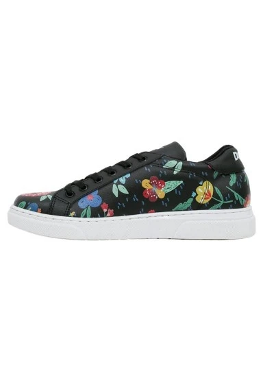 Kadın Vegan Deri Siyah Sneakers - Flowers & Birds Tasarım - 