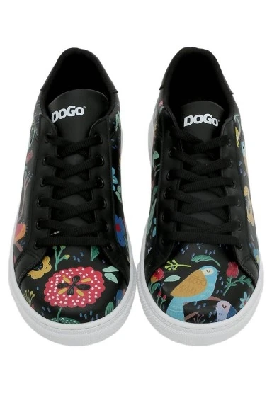 Kadın Vegan Deri Siyah Sneakers - Flowers & Birds Tasarım - 
