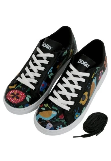 Kadın Vegan Deri Siyah Sneakers - Flowers & Birds Tasarım - 