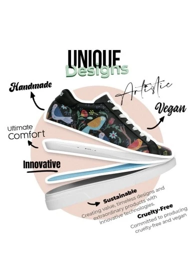 Kadın Vegan Deri Siyah Sneakers - Flowers & Birds Tasarım - 