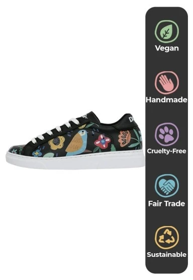 Kadın Vegan Deri Siyah Sneakers - Flowers & Birds Tasarım - 