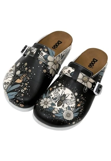 Kadın Vegan Deri Siyah Terlik - Bee with Flowers Tasarım - 