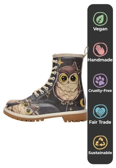 Kadın Vegan Deri Siyah Uzun Bot - Owls Family Tasarım - 